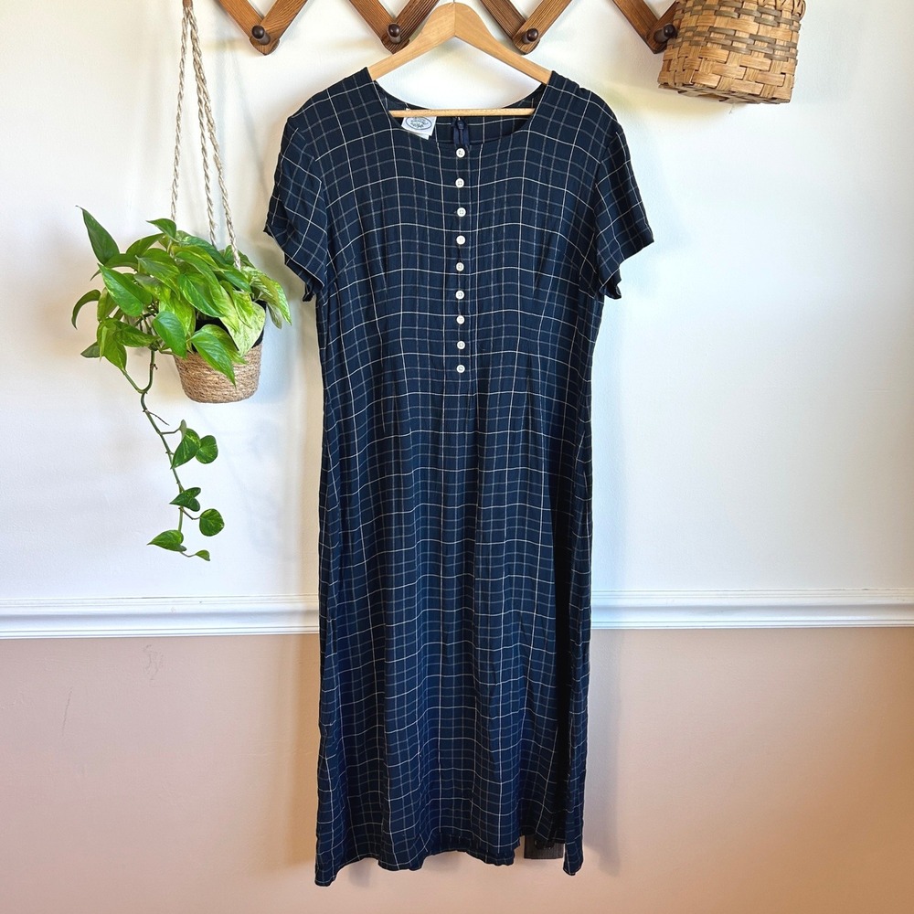 Vintage Laura Ashley Navy Blue Windowpane Plaid Midi Dress Womens 10 Cottagecore